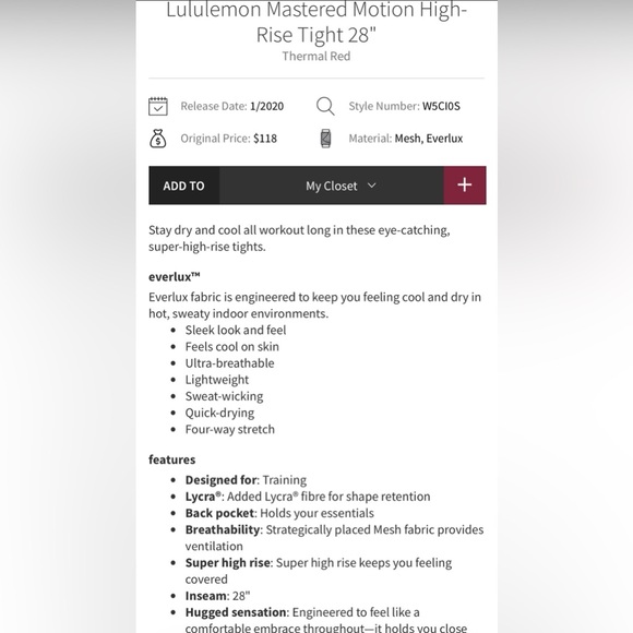 Lululemon Mastered Motion High-Rise Tight 28” Thermal Red - Picture 16 of 16